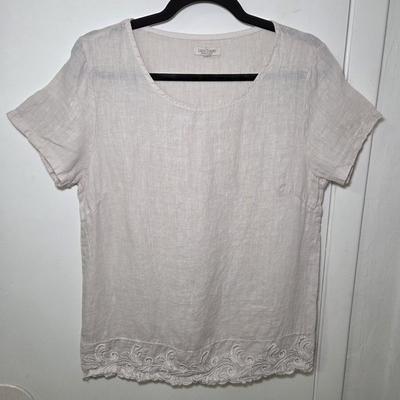 Lina Tomei Tops - Lina Tomei Italy 100% Linen Embroidered Hem Blouse Top Beige Women's Size L